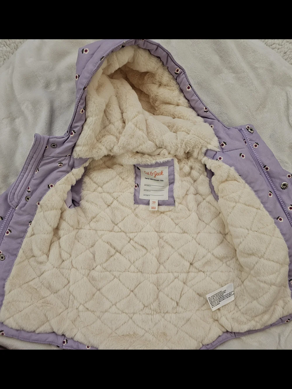 Cat & Jack Lavender Hooded Quilted Coat with Cream Faux Fur Lining